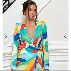 WeWoreWhat Cowl Front Satin Dress Abstract Watercolor
